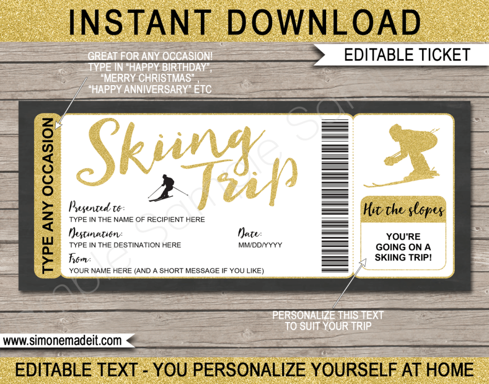 Gold Printable Ski Trip Gift Voucher Template | Surprise Skiing Trip to the Snow | Faux or Fake Skiing Ticket | Ski Pass | DIY Editable & Printable Template | Instant Download via giftsbysimonemadeit.com
