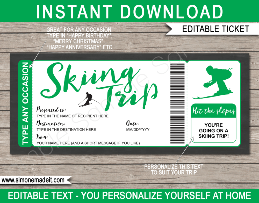 Green Printable Surprise Skiing Trip Gift Voucher Template | Ski Trip to the Snow | Faux or Fake Skiing Ticket | Ski Pass | DIY Editable & Printable Template | Instant Download via giftsbysimonemadeit.com
