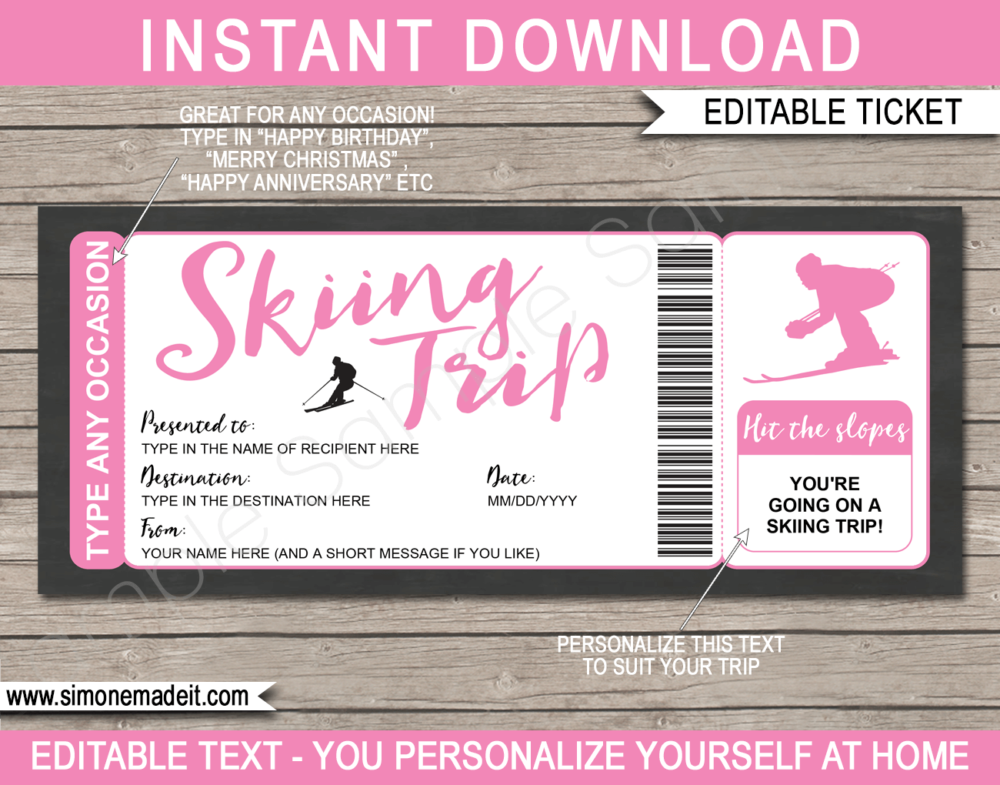 Pink Printable Surprise Skiing Trip Gift Voucher Template | Ski Trip to the Snow | Faux or Fake Skiing Ticket | Ski Pass | DIY Editable & Printable Template | Instant Download via giftsbysimonemadeit.com