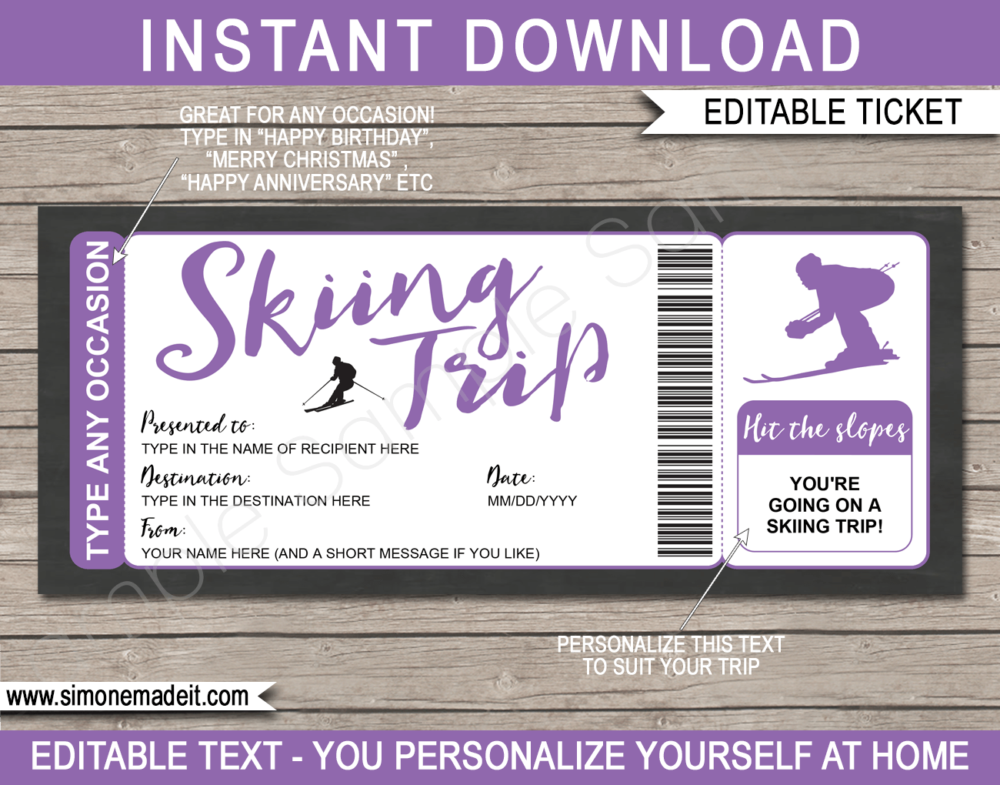 Purple Printable Surprise Skiing Trip Gift Voucher Template | Ski Trip to the Snow | Faux or Fake Skiing Ticket | Ski Pass | DIY Editable & Printable Template | Instant Download via giftsbysimonemadeit.com