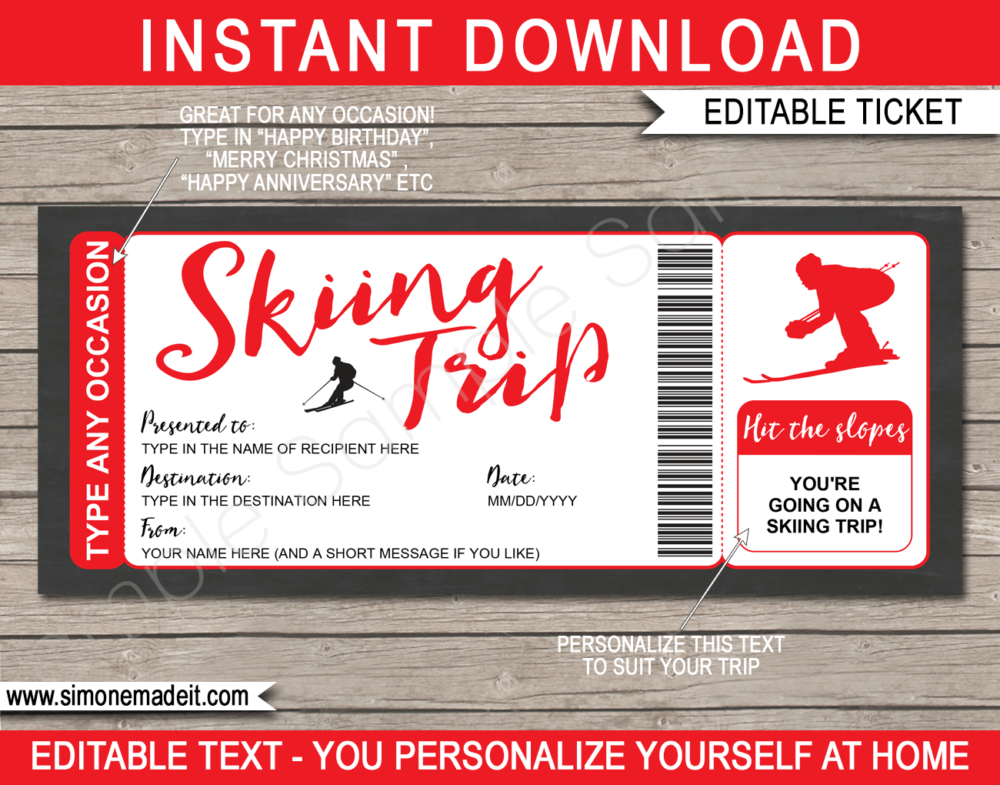 Red Printable Surprise Skiing Trip Gift Voucher Template | Ski Trip to the Snow | Faux or Fake Skiing Ticket | Ski Pass | DIY Editable & Printable Template | Instant Download via giftsbysimonemadeit.com
