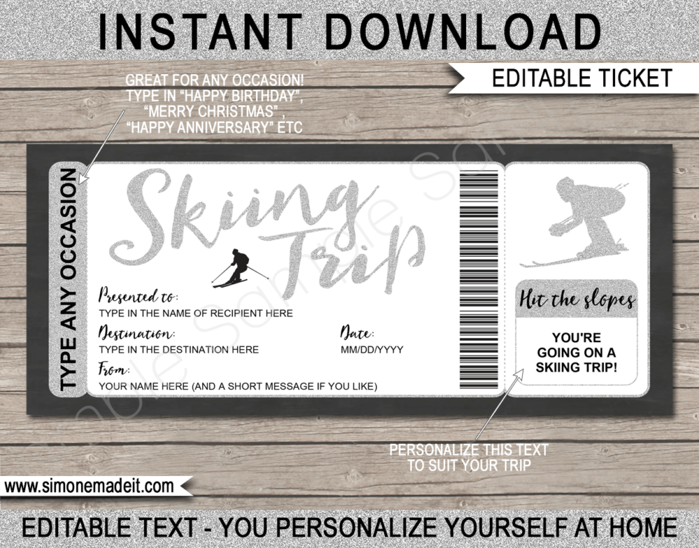 Silver Printable Ski Trip Gift Voucher Template | Surprise Skiing Trip to the Snow | Faux or Fake Skiing Ticket | Ski Pass | DIY Editable & Printable Template | Instant Download via giftsbysimonemadeit.com