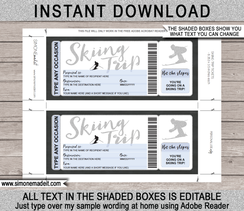 Silver Printable Ski Trip Gift Voucher Template | Surprise Skiing Trip to the Snow | Faux or Fake Skiing Ticket | Ski Pass | DIY Editable & Printable Template | Instant Download via giftsbysimonemadeit.com