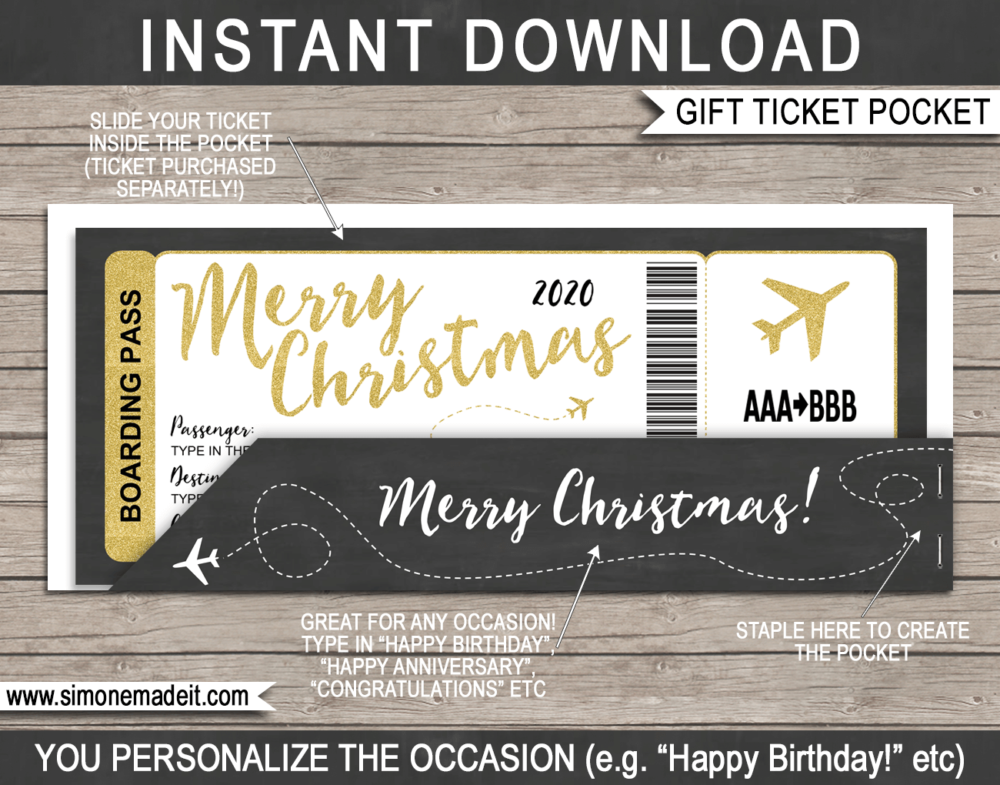 Printable Christmas Plane Ticket Gift Pocket Sleeve template for plane tickets, fake boarding passes, gift vouchers or money | DIY Editable & Printable Template | INSTANT DOWNLOAD via giftsbysimonemadeit.com