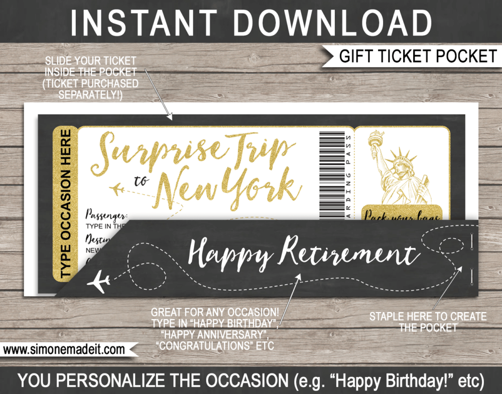 Printable New York Plane Ticket Gift Pocket Sleeve template for plane tickets, fake boarding passes, gift vouchers or money | DIY Editable & Printable Template | INSTANT DOWNLOAD via giftsbysimonemadeit.com