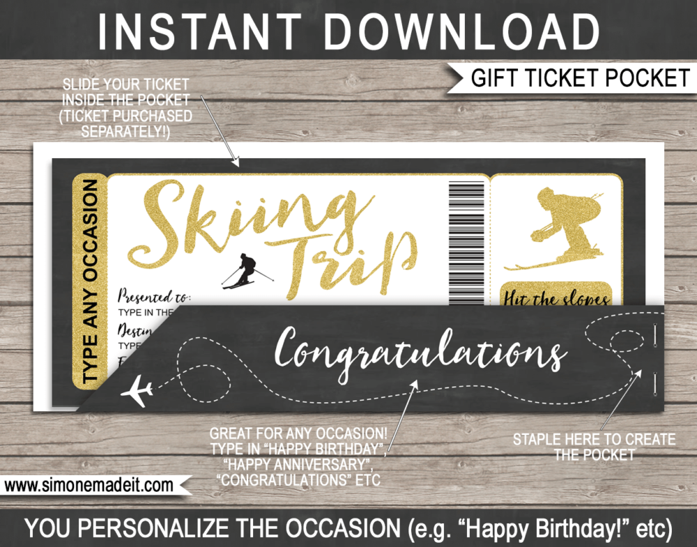 Printable Skiing Trip Plane Ticket Gift Pocket Sleeve template for plane tickets, fake boarding passes, gift vouchers or money | DIY Editable & Printable Template | INSTANT DOWNLOAD via giftsbysimonemadeit.com