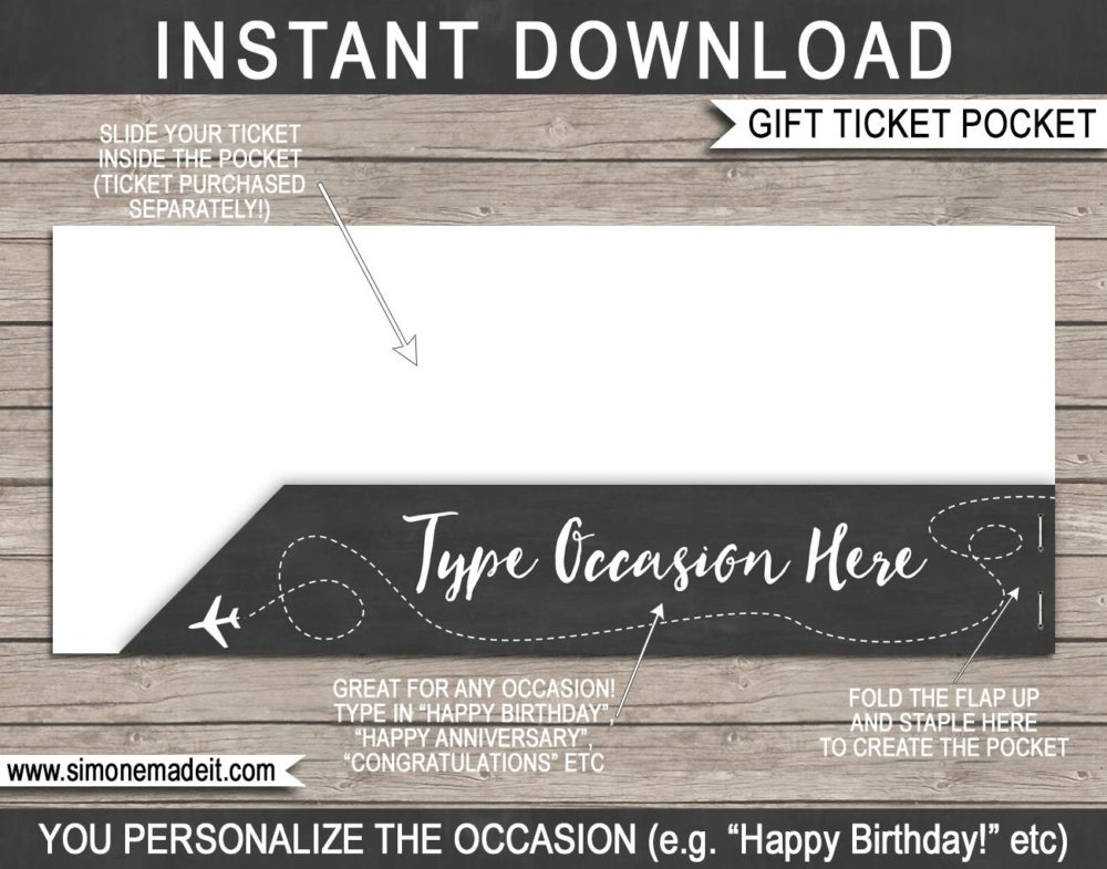 printable Plane Ticket Gift Pocket Sleeve template for plane tickets, fake boarding passes, gift vouchers or money | DIY Editable & Printable Template | INSTANT DOWNLOAD via giftsbysimonemadeit.com