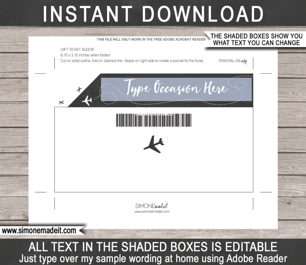 printable Plane Ticket Gift Pocket Sleeve template for plane tickets, fake boarding passes, gift vouchers or money | DIY Editable & Printable Template | INSTANT DOWNLOAD via giftsbysimonemadeit.com