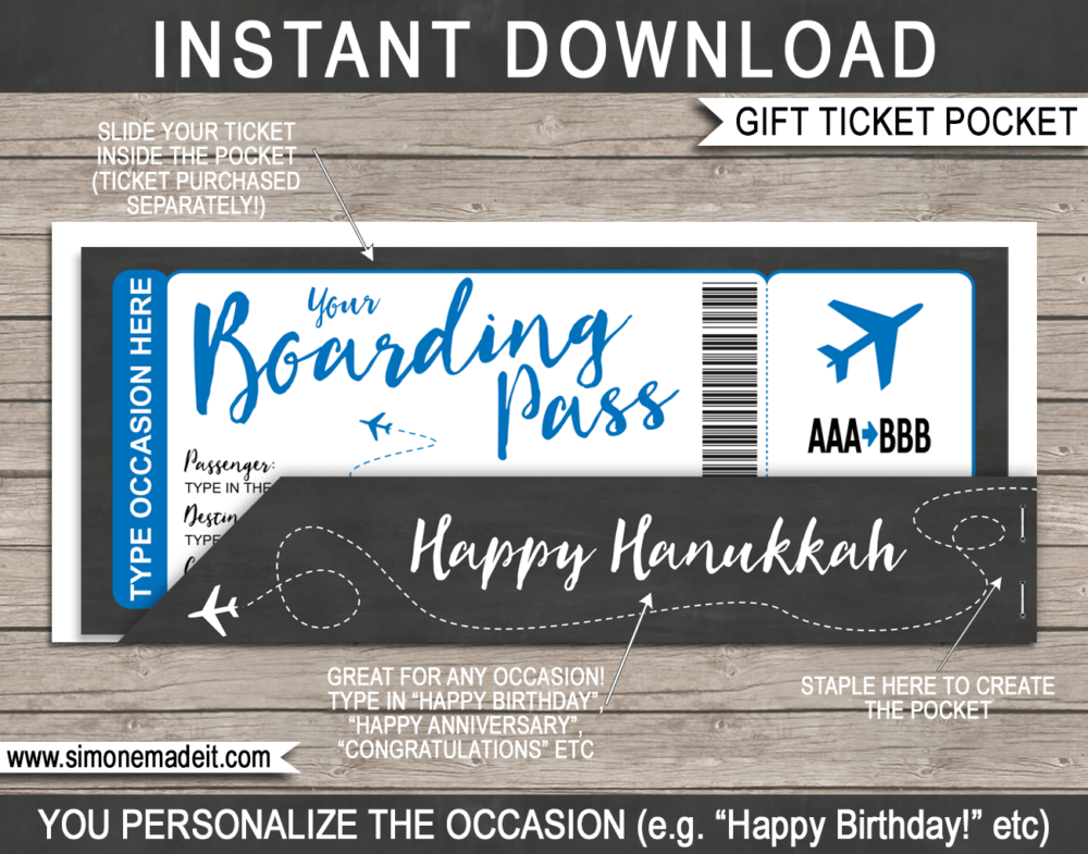 printable Plane Ticket Gift Pocket Sleeve template for plane tickets, fake boarding passes, gift vouchers or money | DIY Editable & Printable Template | INSTANT DOWNLOAD via giftsbysimonemadeit.com