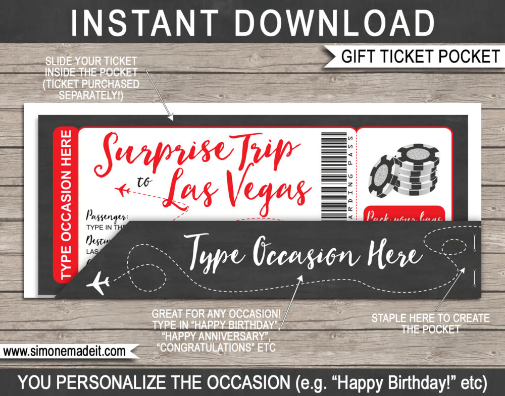 Printable Las Vegas Plane Ticket Gift Pocket Sleeve template for plane tickets, fake boarding passes, gift vouchers or money | DIY Editable & Printable Template | INSTANT DOWNLOAD via giftsbysimonemadeit.com