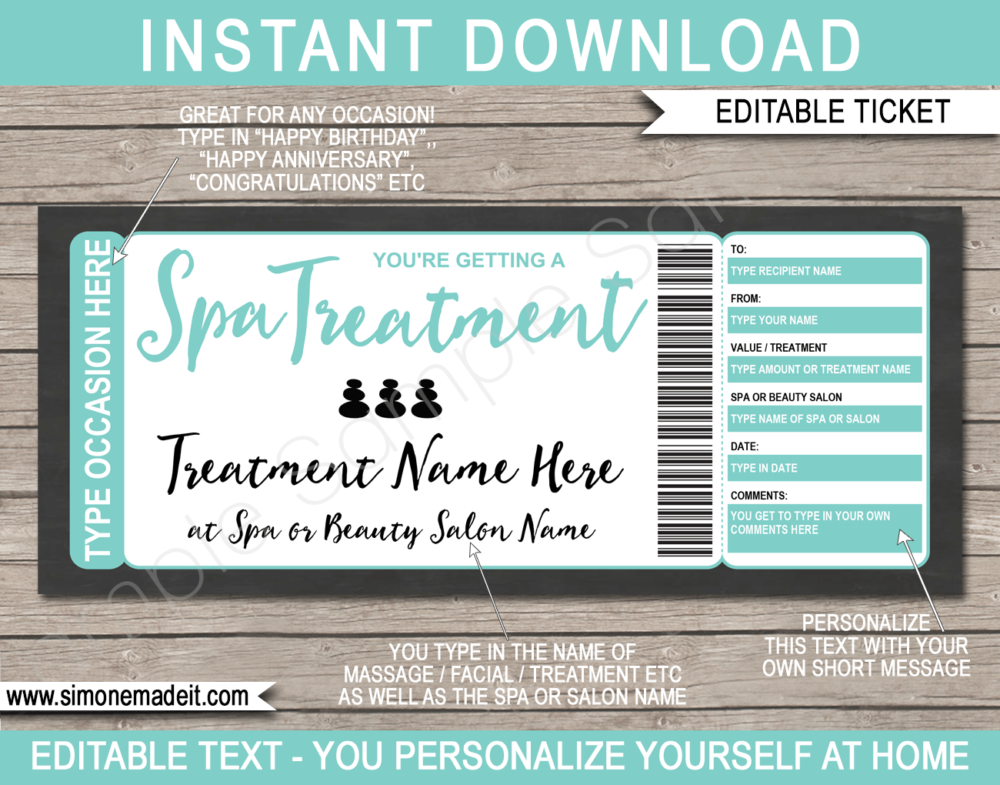 Printable Spa Voucher Template | Aqua | DIY Editable Spa Treatment Gift Certificate | Massage Facial Body Wrap Scrub Manicure Pedicure | Birthday, Anniversary Christmas, Mothers Day, Graduation, Valentine's Day | INSTANT DOWNLOAD via giftsbysimonemadeit.com