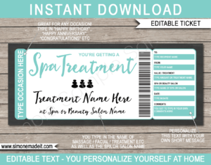 Printable Spa Voucher Template | Aqua | DIY Editable Spa Treatment Gift Certificate | Massage Facial Body Wrap Scrub Manicure Pedicure | Birthday, Anniversary Christmas, Mothers Day, Graduation, Valentine's Day | INSTANT DOWNLOAD via giftsbysimonemadeit.com