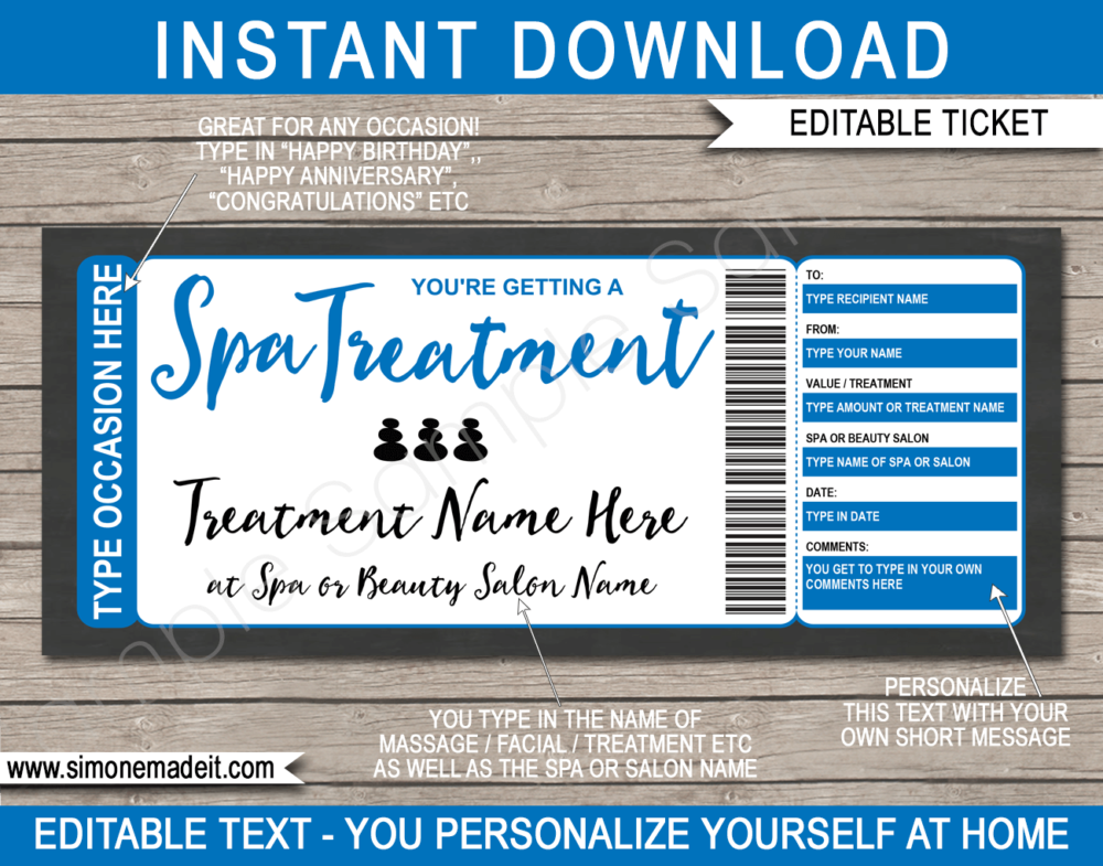Printable Spa Voucher Template | Blue | DIY Editable Spa Treatment Gift Certificate | Massage Facial Body Wrap Scrub Manicure Pedicure | Birthday, Anniversary Christmas, Mothers Day, Graduation, Valentine's Day | INSTANT DOWNLOAD via giftsbysimonemadeit.com