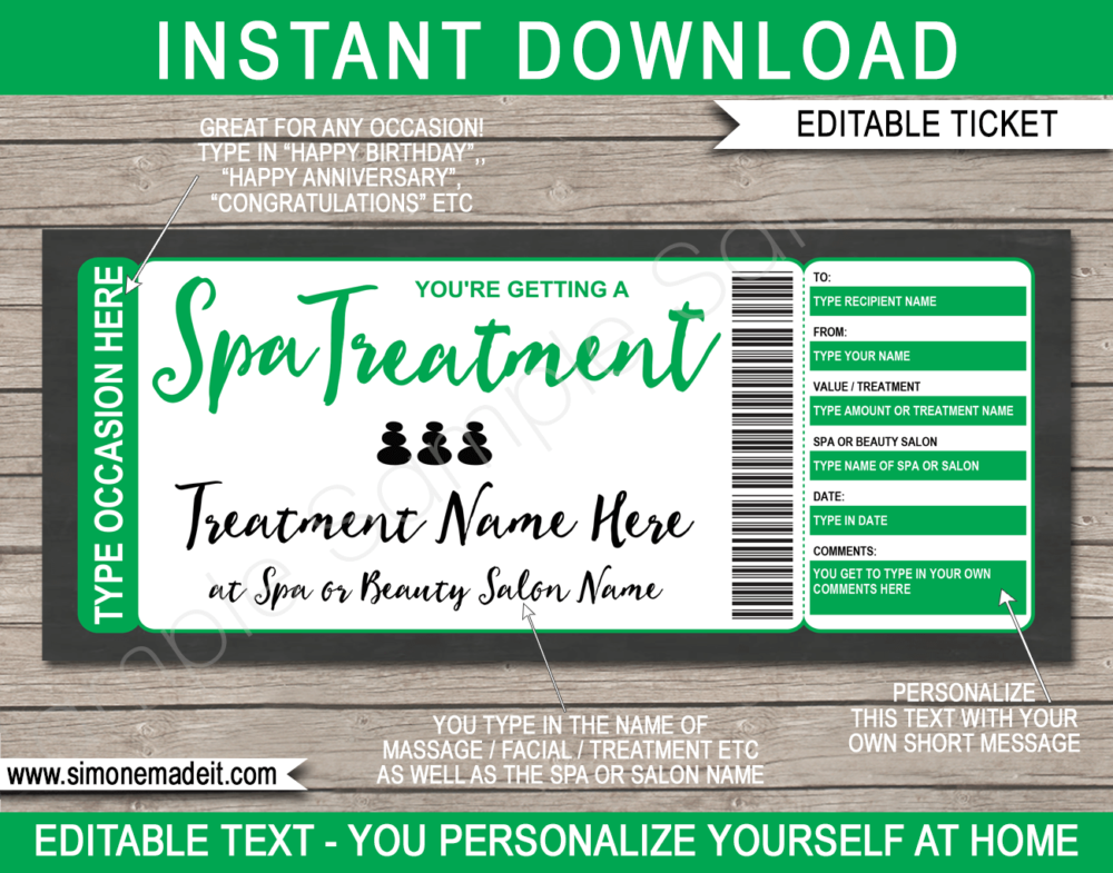 Printable Spa Voucher Template | Green | DIY Editable Spa Treatment Gift Certificate | Massage Facial Body Wrap Scrub Manicure Pedicure | Birthday, Anniversary Christmas, Mothers Day, Graduation, Valentine's Day | INSTANT DOWNLOAD via giftsbysimonemadeit.com
