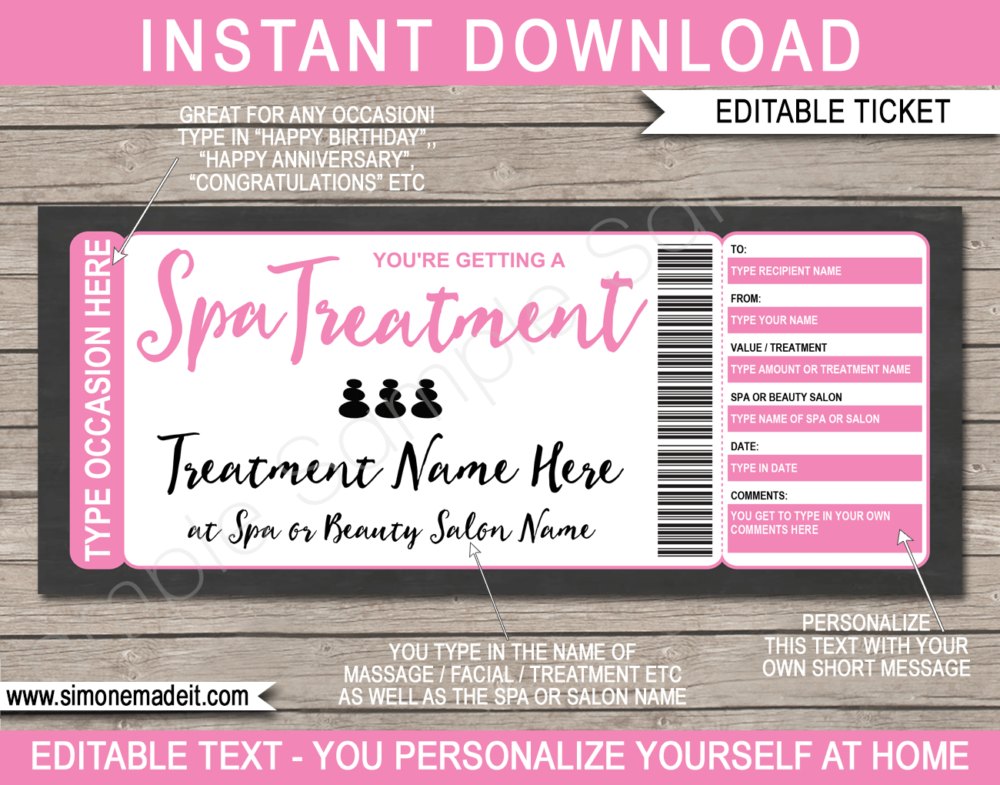 Printable Spa Voucher Template | Pink | DIY Editable Spa Treatment Gift Certificate | Massage Facial Body Wrap Scrub Manicure Pedicure | Birthday, Anniversary Christmas, Mothers Day, Graduation, Valentine's Day | INSTANT DOWNLOAD via giftsbysimonemadeit.com