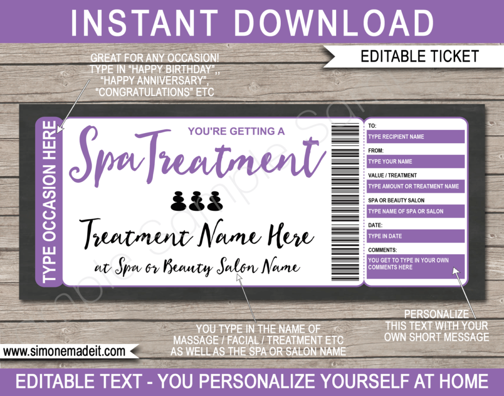 Printable Spa Voucher Template | Purple | DIY Editable Spa Treatment Gift Certificate | Massage Facial Body Wrap Scrub Manicure Pedicure | Birthday, Anniversary Christmas, Mothers Day, Graduation, Valentine's Day | INSTANT DOWNLOAD via giftsbysimonemadeit.com
