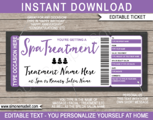 Printable Spa Voucher Template | Purple | DIY Editable Spa Treatment Gift Certificate | Massage Facial Body Wrap Scrub Manicure Pedicure | Birthday, Anniversary Christmas, Mothers Day, Graduation, Valentine's Day | INSTANT DOWNLOAD via giftsbysimonemadeit.com