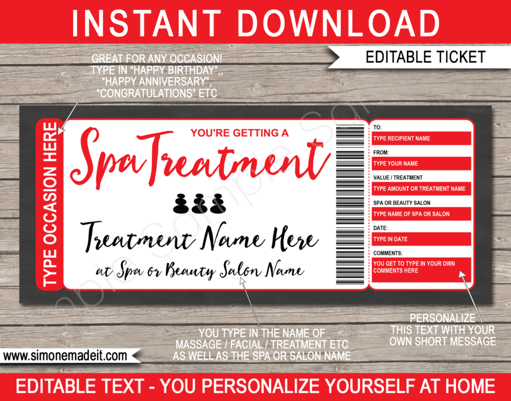Printable Spa Voucher Template | Red | DIY Editable Spa Treatment Gift Certificate | Massage Facial Body Wrap Scrub Manicure Pedicure | Birthday, Anniversary Christmas, Mothers Day, Graduation, Valentine's Day | INSTANT DOWNLOAD via giftsbysimonemadeit.com