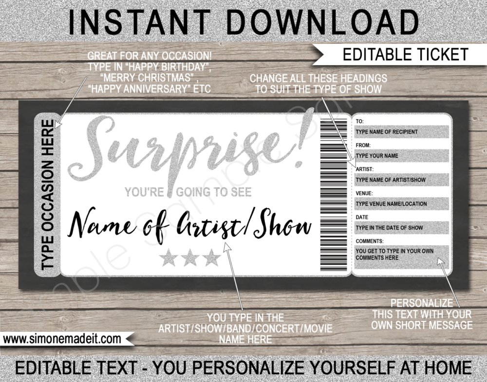 Surprise Concert Ticket Gift Certificate Template | Silver Glitter | Editable & Printable DIY Gift Certificate | Last Minute Surprise Gift to a Concert, Show, Performance, Band, Artist, Music Festival, Movie Premiere | Any Occasion | Birthday, Anniversary, Christmas, Retirement, Valentine's Day, Holidays, Graduation, Congratulations | Instant Download via giftsbysimonemadeit.com