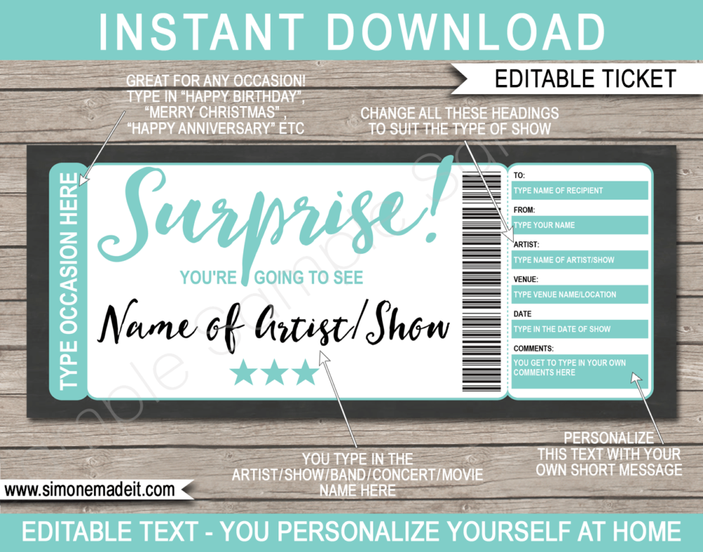 Surprise Concert Ticket Gift Voucher Template | Aqua | Editable & Printable DIY Gift Certificate | Last Minute Surprise Gift to a Concert, Show, Performance, Band, Artist, Music Festival, Movie Premiere | Instant Download via giftsbysimonemadeit.com