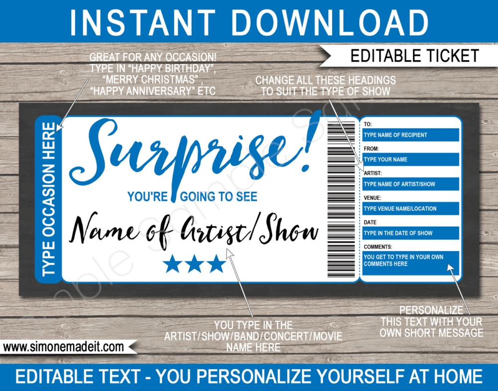 Surprise Concert Ticket Gift Voucher Template | Blue | Editable & Printable DIY Gift Certificate | Last Minute Surprise Gift to a Concert, Show, Performance, Band, Artist, Music Festival, Movie Premiere | Instant Download via giftsbysimonemadeit.com