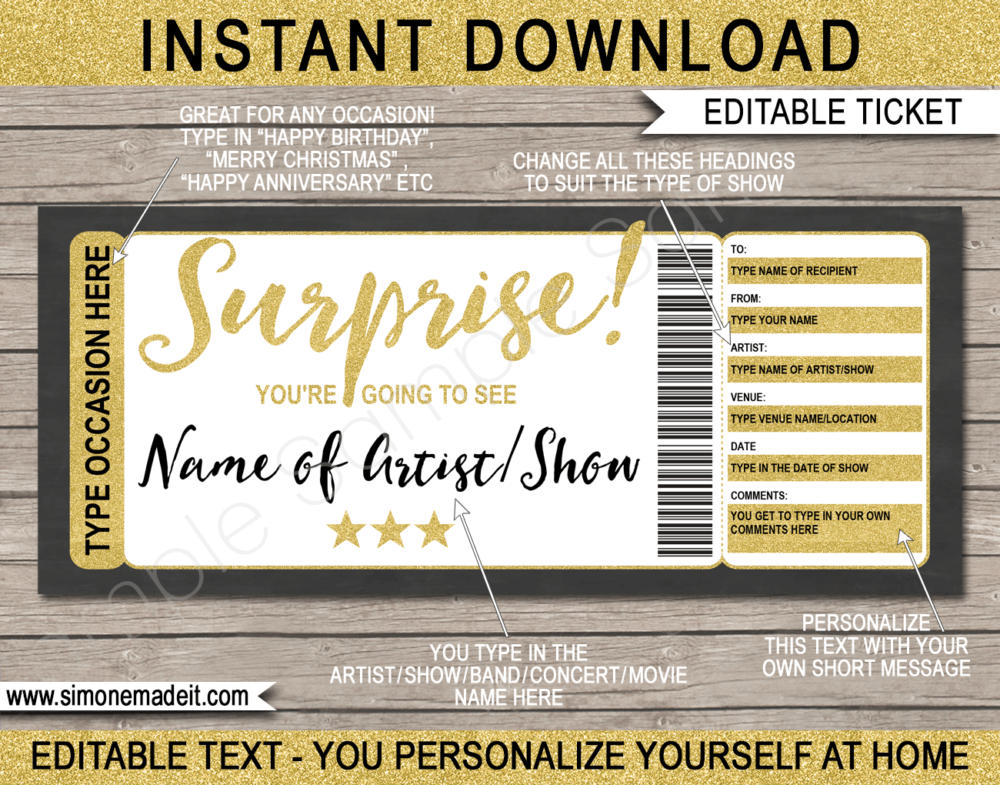 Surprise Concert Gift Certificate Template | Gold Glitter | Editable & Printable DIY Gift Certificate | Last Minute Surprise Gift to a Concert, Show, Performance, Band, Artist, Music Festival, Movie Premiere | Any Occasion | Birthday, Anniversary, Christmas, Retirement, Valentine's Day, Holidays, Graduation, Congratulations | Instant Download via giftsbysimonemadeit.com
