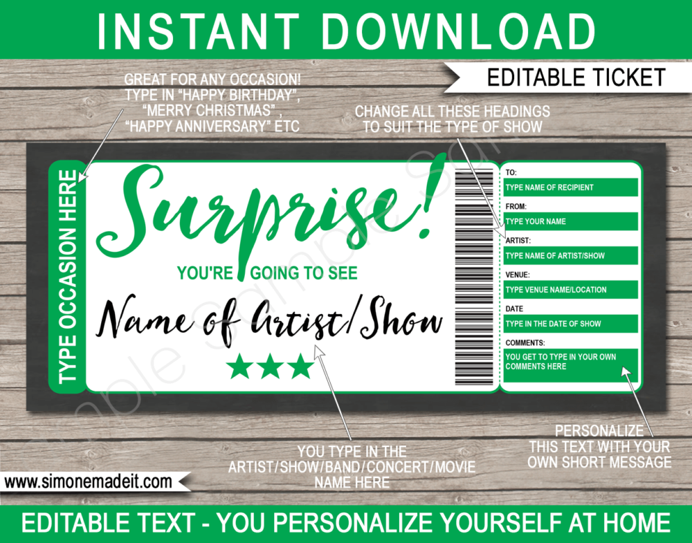 Surprise Concert Ticket Gift Voucher Template | Green | Editable & Printable DIY Gift Certificate | Last Minute Surprise Gift to a Concert, Show, Performance, Band, Artist, Music Festival, Movie Premiere | Instant Download via giftsbysimonemadeit.com