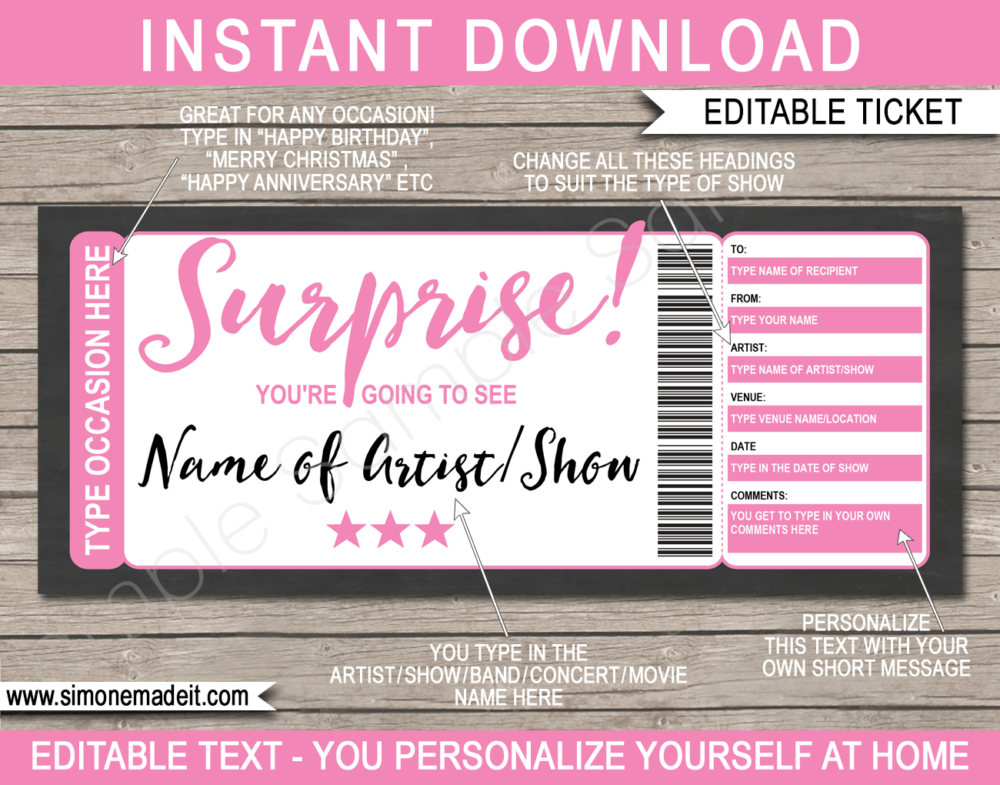 Surprise Concert Ticket Gift Voucher Template | Pink | Editable & Printable DIY Gift Certificate | Last Minute Surprise Gift to a Concert, Show, Performance, Band, Artist, Music Festival, Movie Premiere | Instant Download via giftsbysimonemadeit.com