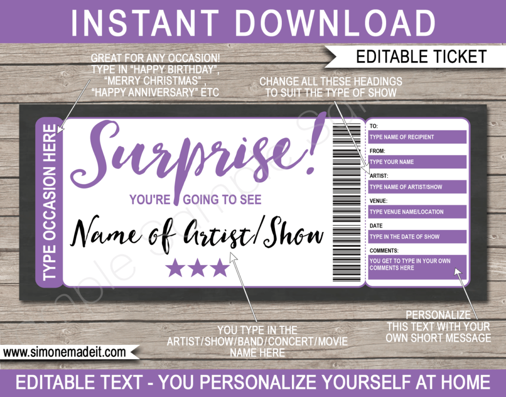 Surprise Concert Ticket Gift Voucher Template | Purple | Editable & Printable DIY Gift Certificate | Last Minute Surprise Gift to a Concert, Show, Performance, Band, Artist, Music Festival, Movie Premiere | Instant Download via giftsbysimonemadeit.com