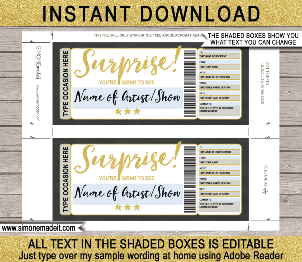 Surprise Concert Ticket Gift Certificate Template | Gold Glitter | Editable & Printable DIY Gift Certificate | Last Minute Surprise Gift to a Concert, Show, Performance, Band, Artist, Music Festival, Movie Premiere | Any Occasion | Birthday, Anniversary, Christmas, Retirement, Valentine's Day, Holidays, Graduation, Congratulations | Instant Download via giftsbysimonemadeit.com