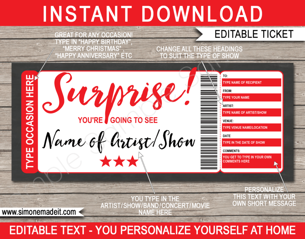 Surprise Concert Ticket Gift Voucher Template | Red | Editable & Printable DIY Gift Certificate | Last Minute Surprise Gift to a Concert, Show, Performance, Band, Artist, Music Festival, Movie Premiere | Instant Download via giftsbysimonemadeit.com