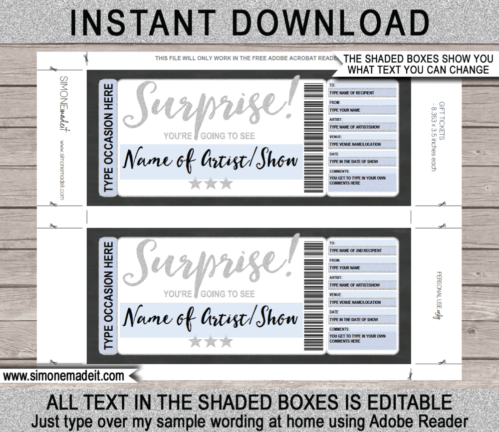 Surprise Concert Ticket Gift Certificate Template | Silver Glitter | Editable & Printable DIY Gift Certificate | Last Minute Surprise Gift to a Concert, Show, Performance, Band, Artist, Music Festival, Movie Premiere | Any Occasion | Birthday, Anniversary, Christmas, Retirement, Valentine's Day, Holidays, Graduation, Congratulations | Instant Download via giftsbysimonemadeit.com