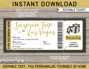 Printable Surprise trip to Las Vegas Boarding Pass Template | Las Vegas Trip Reveal | Faux Fake Plane Ticket | Any Occasion, Birthday, Anniversary, Christmas, Honeymoon Gift | DIY Editable & Printable Template | Instant Download via giftsbysimonemadeit.com