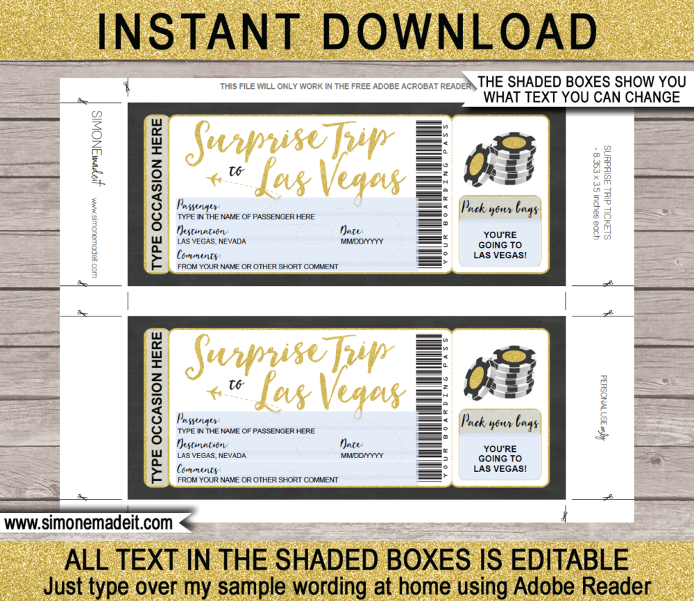 Printable Surprise trip to Las Vegas Boarding Pass Template | Las Vegas Trip Reveal | Faux Fake Plane Ticket | Any Occasion, Birthday, Anniversary, Christmas, Honeymoon Gift | DIY Editable & Printable Template | Instant Download via giftsbysimonemadeit.com