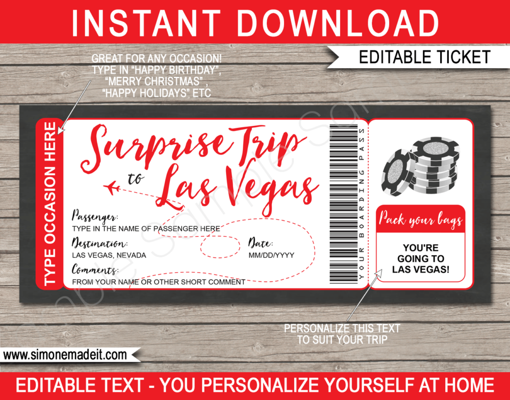 Surprise trip to Las Vegas Boarding Pass Template | Las Vegas Trip Reveal | Faux Fake Plane Ticket | Any Occasion, Birthday, Anniversary, Christmas, Honeymoon Gift | DIY Editable & Printable Template | Instant Download via giftsbysimonemadeit.com