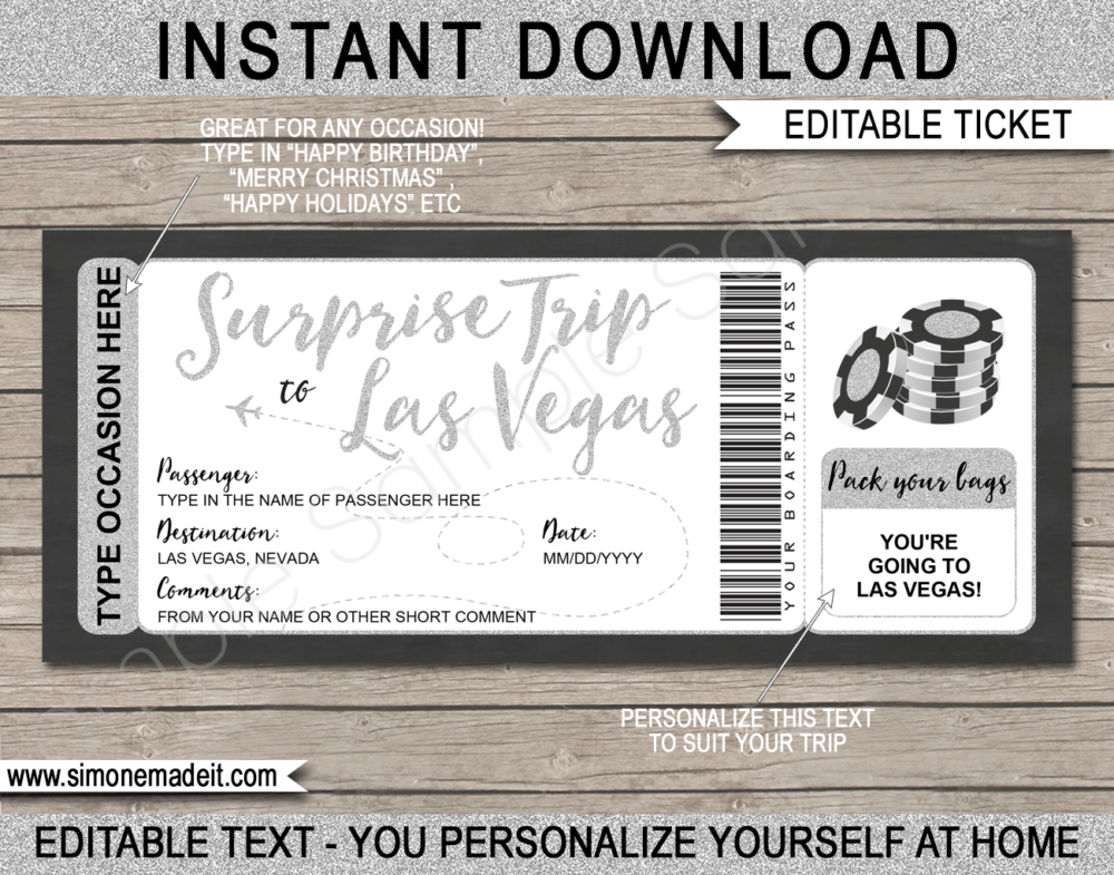 Editable Surprise trip to Las Vegas Boarding Pass Template | Las Vegas Trip Reveal | Faux Fake Plane Ticket | Any Occasion, Birthday, Anniversary, Christmas, Honeymoon Gift | DIY Editable & Printable Template | Instant Download via giftsbysimonemadeit.com