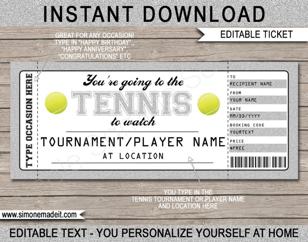 Printable Surprise Tennis Tickets Gift Voucher Template | Silver Glitter | Surprise Tickets to watch a tennis tournament | Gift Certificate | US Open, Wimbledon, Australian Open, French Open, Grand Slam, Indian Wells | INSTANT DOWNLOAD via giftsbysimonemadeit.com