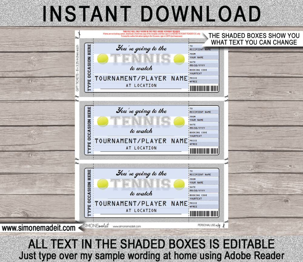 Printable Surprise Tennis Tickets Gift Voucher Template | Silver Glitter | Surprise Tickets to watch a tennis tournament | Gift Certificate | US Open, Wimbledon, Australian Open, French Open, Grand Slam, Indian Wells | INSTANT DOWNLOAD via giftsbysimonemadeit.com