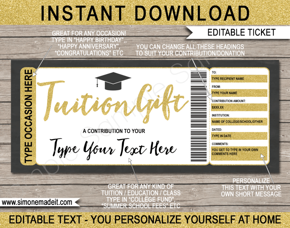 Printable Tuition Gift Certificate Template | Education Contribution | High School Fees, University Fees, College Fund, 529 College Savings Plan Contribution, Tutor Fees | DIY Editable Voucher | Instant Download via giftsbysimonmadeit.com