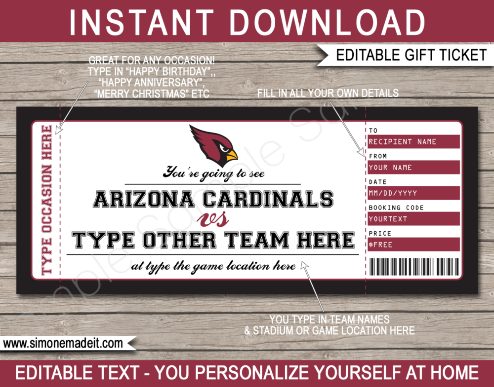 Printable Arizona Cardinals Game Ticket Gift Voucher Template | Surprise tickets to an Arizona Cardinals Football Game | Editable Text | Gift Certificate | Birthday, Christmas, Anniversary, Retirement, Graduation, Mother's Day, Father's Day, Congratulations, Valentine's Day | INSTANT DOWNLOAD via giftsbysimonemadeit.com