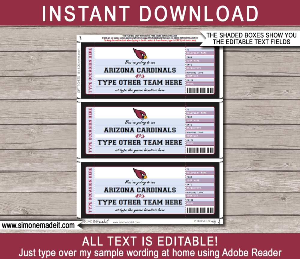 Printable Arizona Cardinals Game Ticket Gift Voucher Template | Surprise tickets to an Arizona Cardinals Football Game | Editable Text | Gift Certificate | Birthday, Christmas, Anniversary, Retirement, Graduation, Mother's Day, Father's Day, Congratulations, Valentine's Day | INSTANT DOWNLOAD via giftsbysimonemadeit.com