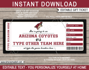 Printable Arizona Coyotes Game Ticket Gift Voucher Template | Printable Surprise NHL Hockey Tickets | Editable Text | Gift Certificate | Birthday, Christmas, Anniversary, Retirement, Graduation, Mother's Day, Father's Day, Congratulations, Valentine's Day | INSTANT DOWNLOAD via giftsbysimonemadeit.com