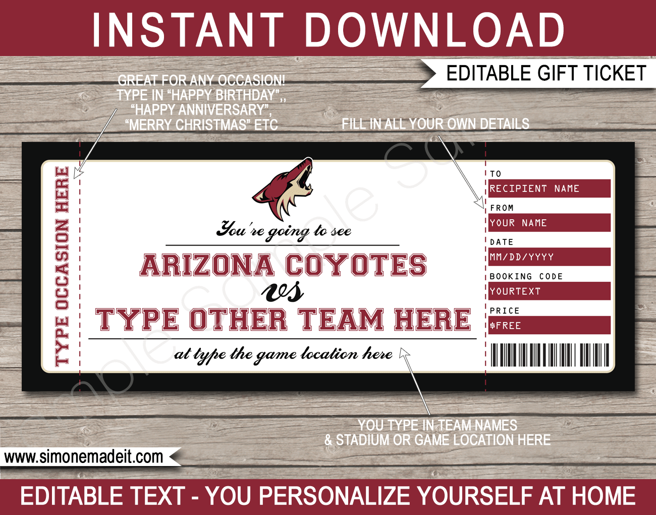 Arizona Coyotes Game Ticket Gift Voucher | Printable Surprise Hockey Tickets