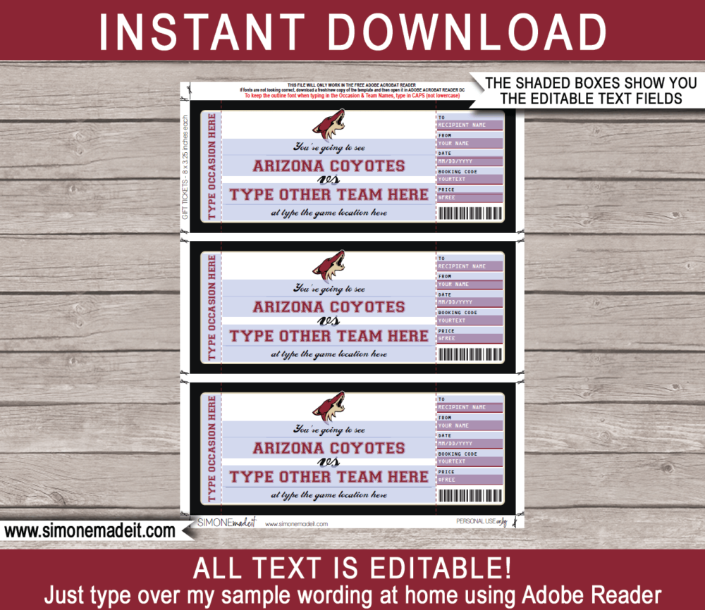 Printable Arizona Coyotes Game Ticket Gift Voucher Template | Printable Surprise NHL Hockey Tickets | Editable Text | Gift Certificate | Birthday, Christmas, Anniversary, Retirement, Graduation, Mother's Day, Father's Day, Congratulations, Valentine's Day | INSTANT DOWNLOAD via giftsbysimonemadeit.com