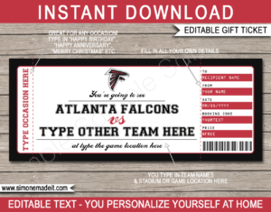 Printable Atlanta Falcons Game Ticket Gift Voucher Template | Surprise tickets to an Atlanta Falcons Football Game | Editable Text | Gift Certificate | Birthday, Christmas, Anniversary, Retirement, Graduation, Mother's Day, Father's Day, Congratulations, Valentine's Day | INSTANT DOWNLOAD via giftsbysimonemadeit.com