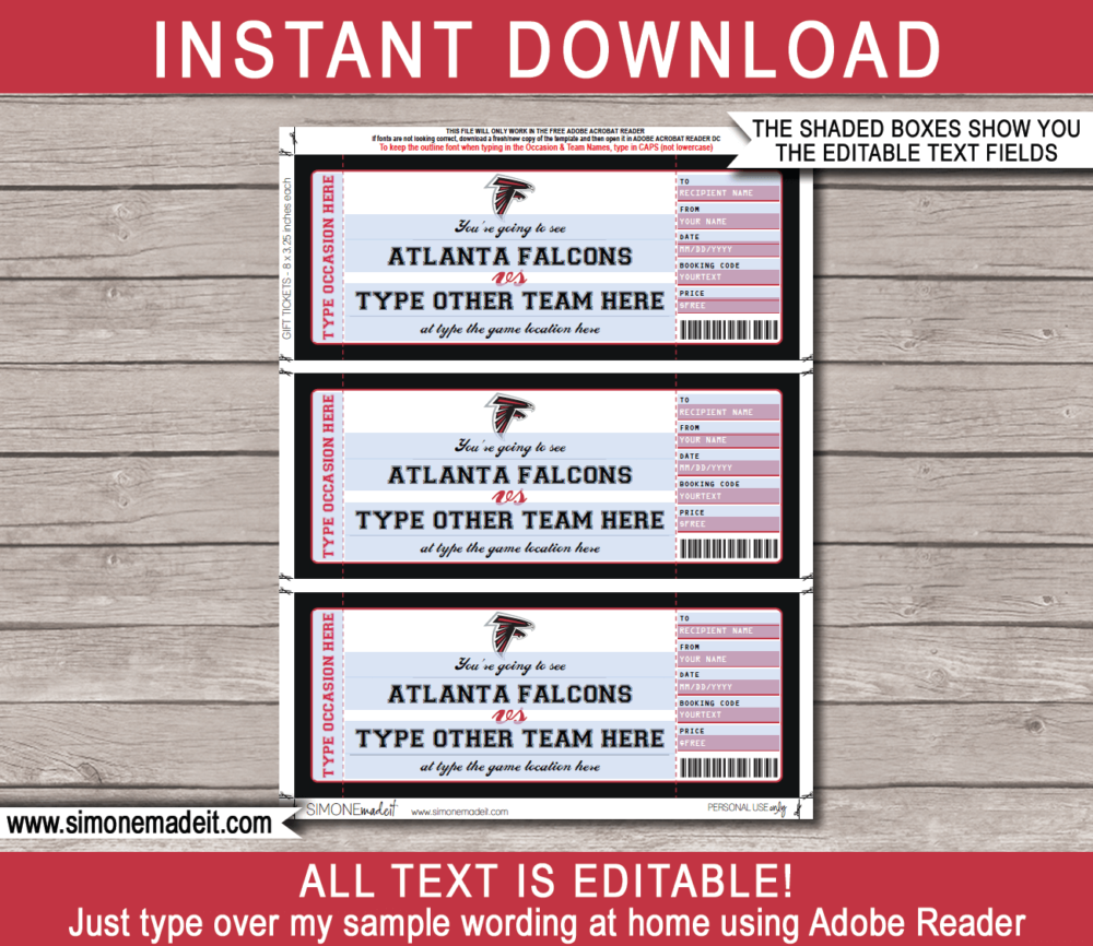 Printable Atlanta Falcons Game Ticket Gift Voucher Template | Surprise tickets to an Atlanta Falcons Football Game | Editable Text | Gift Certificate | Birthday, Christmas, Anniversary, Retirement, Graduation, Mother's Day, Father's Day, Congratulations, Valentine's Day | INSTANT DOWNLOAD via giftsbysimonemadeit.com