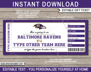 Printable Baltimore Ravens Game Ticket Gift Voucher Template | Surprise tickets to an Baltimore Ravens Football Game | Editable Text | Gift Certificate | Birthday, Christmas, Anniversary, Retirement, Graduation, Mother's Day, Father's Day, Congratulations, Valentine's Day | INSTANT DOWNLOAD via giftsbysimonemadeit.com