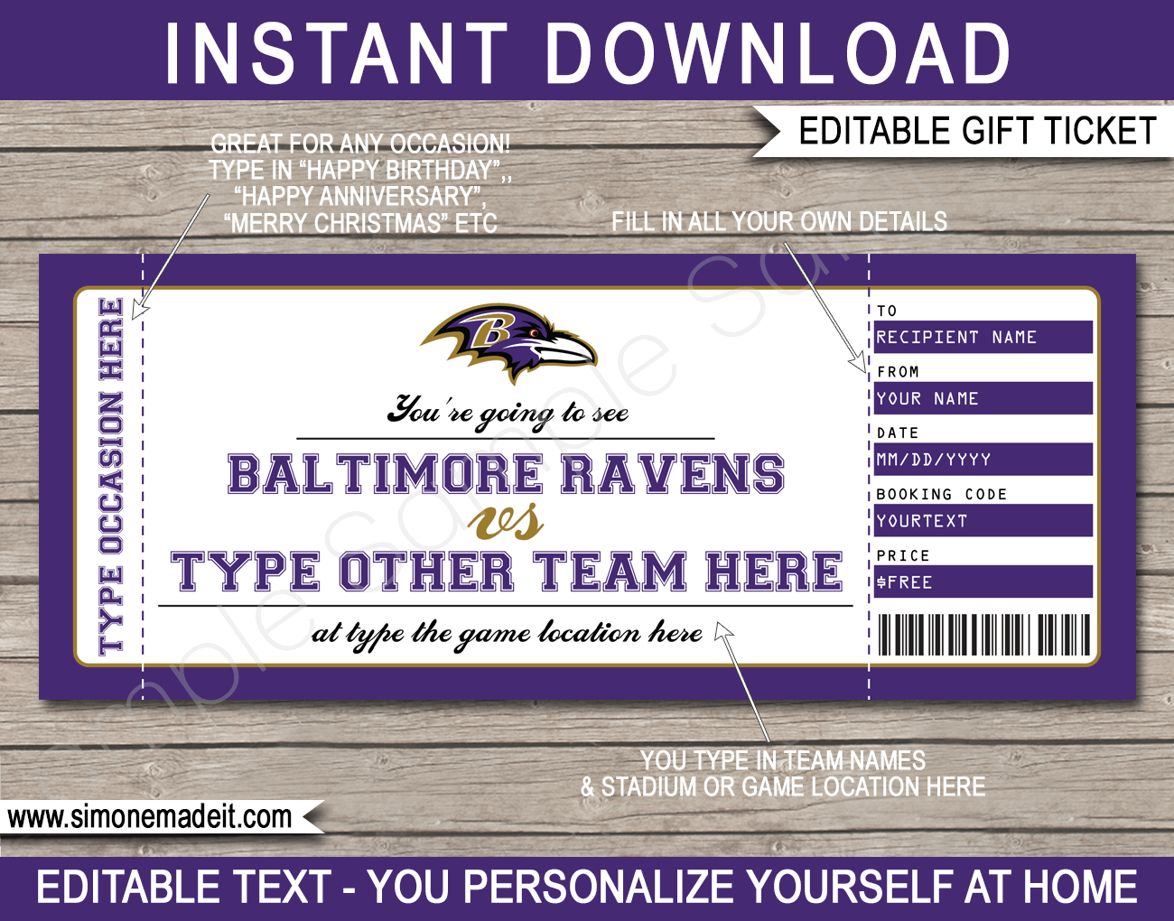 Baltimore Ravens Game Ticket Gift Voucher Printable Surprise Football