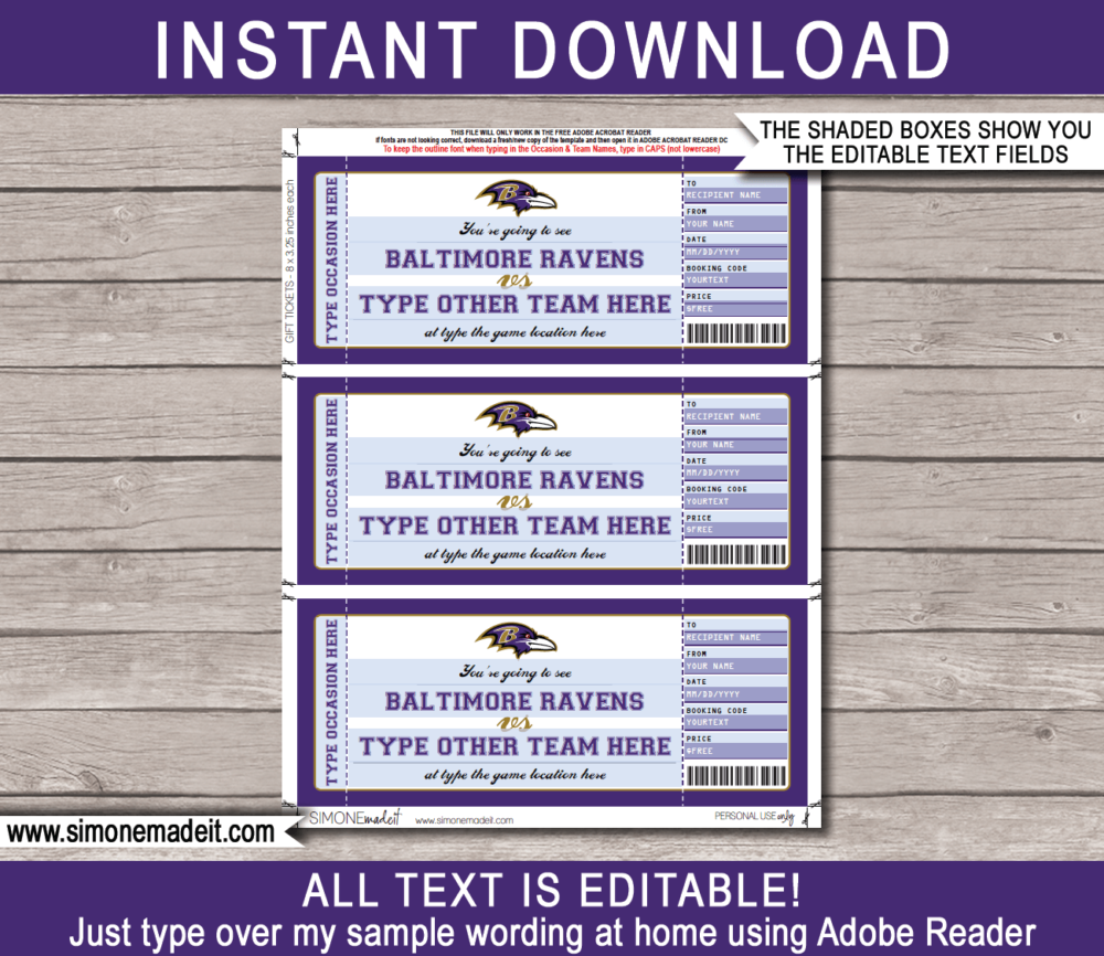 Printable Baltimore Ravens Game Ticket Gift Voucher Template | Surprise tickets to an Baltimore Ravens Football Game | Editable Text | Gift Certificate | Birthday, Christmas, Anniversary, Retirement, Graduation, Mother's Day, Father's Day, Congratulations, Valentine's Day | INSTANT DOWNLOAD via giftsbysimonemadeit.com