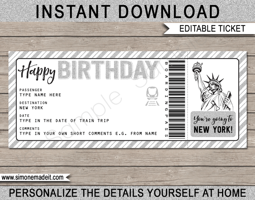 Silver Printable Surprise New York Train Trip Ticket template | NYC Trip Reveal | Boarding Pass | DIY Editable Template | INSTANT DOWNLOAD via giftsbysimonemadeit.com